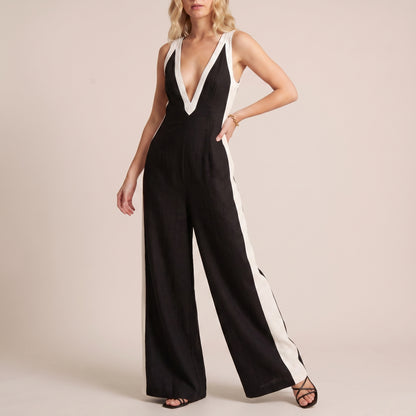 Textured Wide-Leg V-Neck Jumpsuit with Bold Contrasting Panels