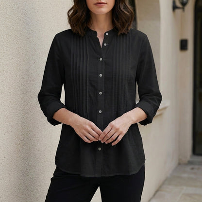 Elegant Pleated Button-Front Blouse with Relaxed Silhouette