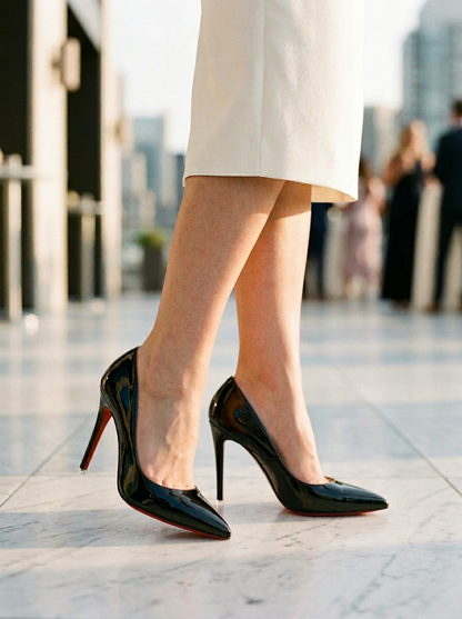Sleek Pointed Toe Stiletto Pumps with Glossy Finish and Contrast Sole