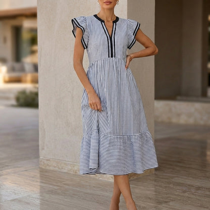 A-Line Midi Dress with Double Ruffle Sleeves and Contrasting Trim