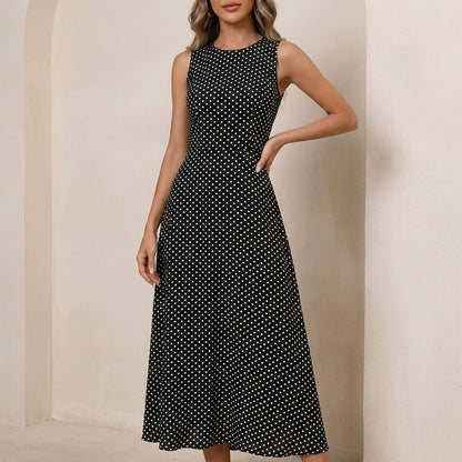 Sleeveless Backless A-Line Maxi Dress with Polka Dot Flair