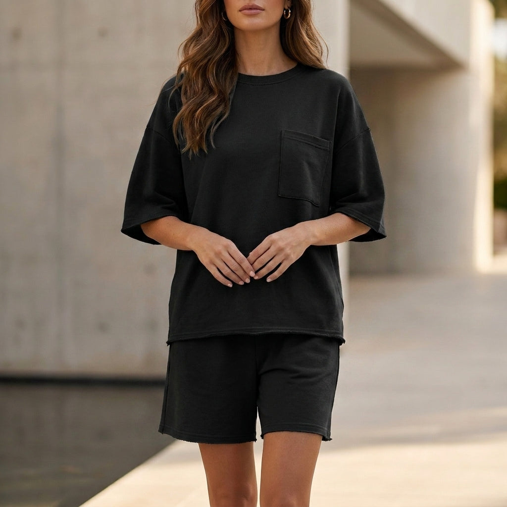 Oversized Relaxed Two-Piece Set with Chest Pocket and Wide-Leg Shorts