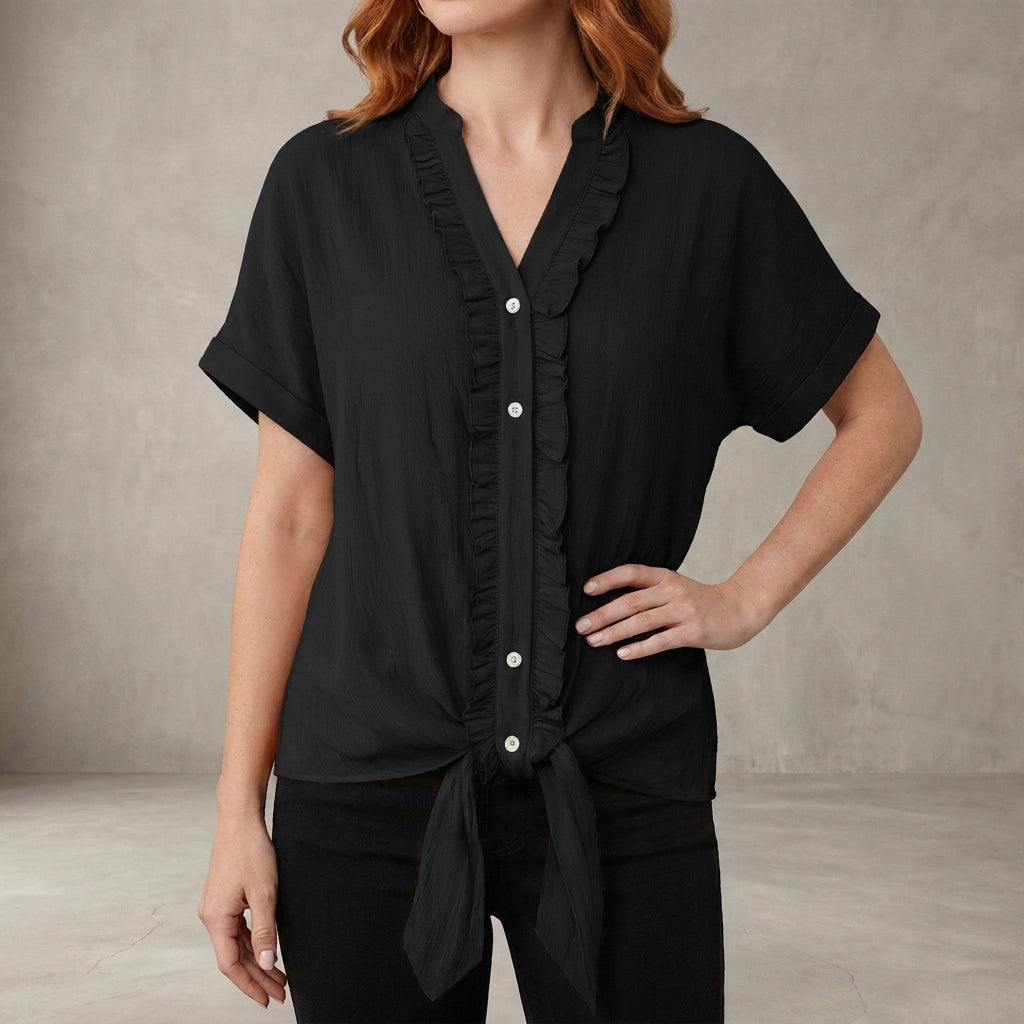 Willow Grace Ruffle Trim Tie-Front Blouse
