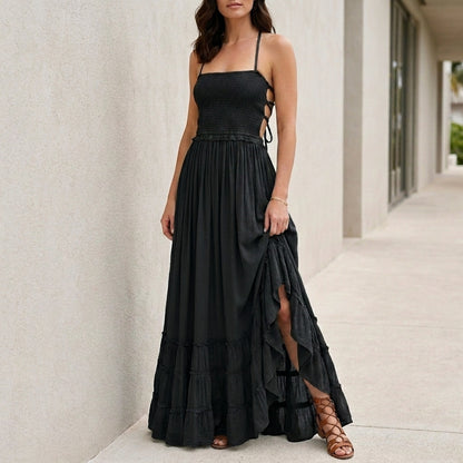 Bohemian Open-Back Smocked Maxi Dress with Ruffle Hem