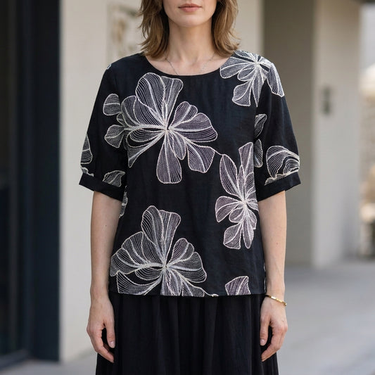 Artisanal Embroidered Pullover T-Shirt with Relaxed Boxy Silhouette