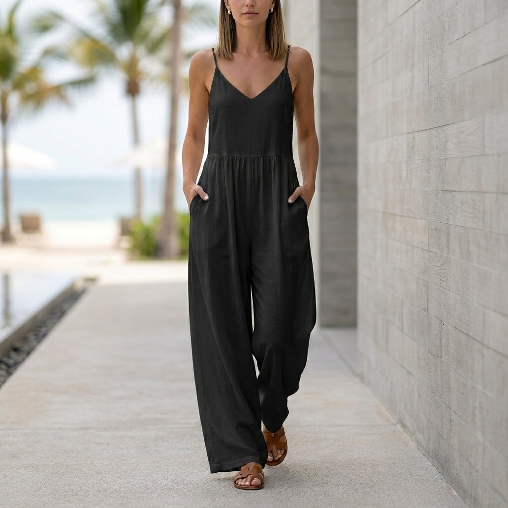 Wide-Leg Backless Jumpsuit with Delicate Straps and Relaxed Fit