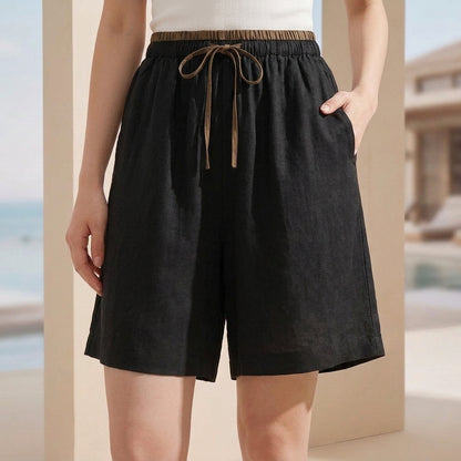Relaxed Wide-Leg Shorts with Contrasting Waistband and Drawstring Closure