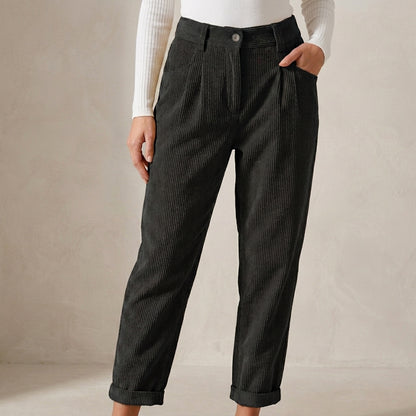 High-Waisted Ribbed Corduroy Pants with Tapered Ankle Silhouette