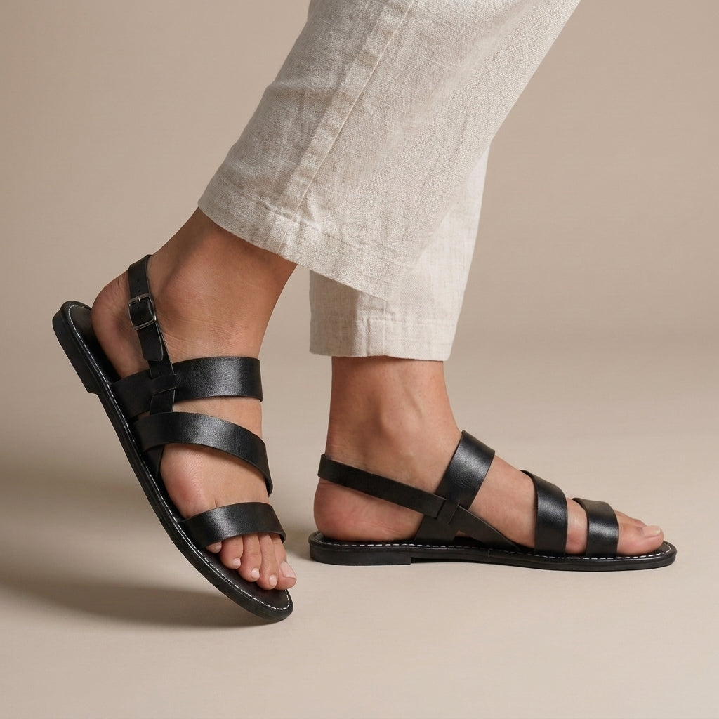 Roman-Inspired Multi-Strap Flat Sandals with Adjustable Ankle Buckle