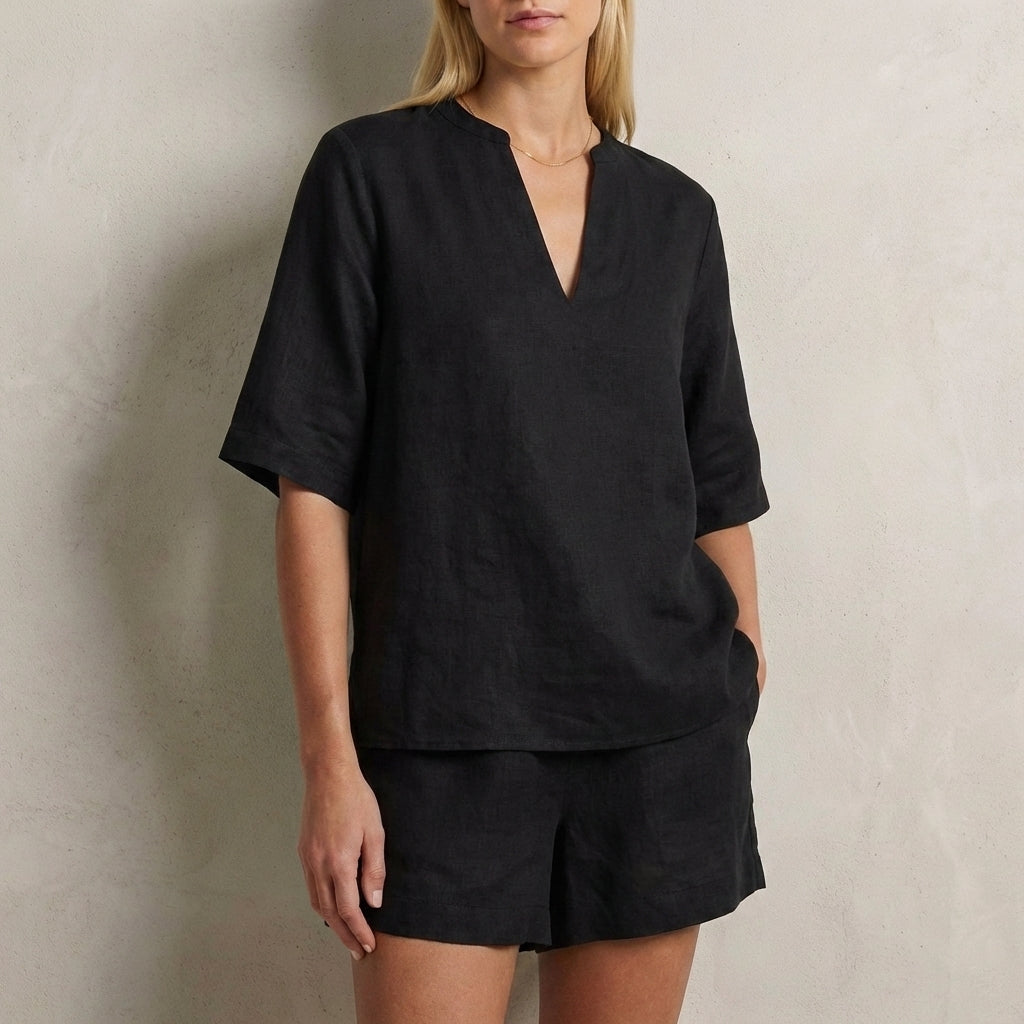 Relaxed Two-Piece Set with Split V-Neck Top and Wide-Leg Shorts