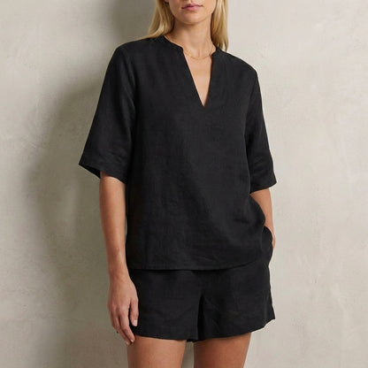 Relaxed Two-Piece Set with Split V-Neck Top and Wide-Leg Shorts