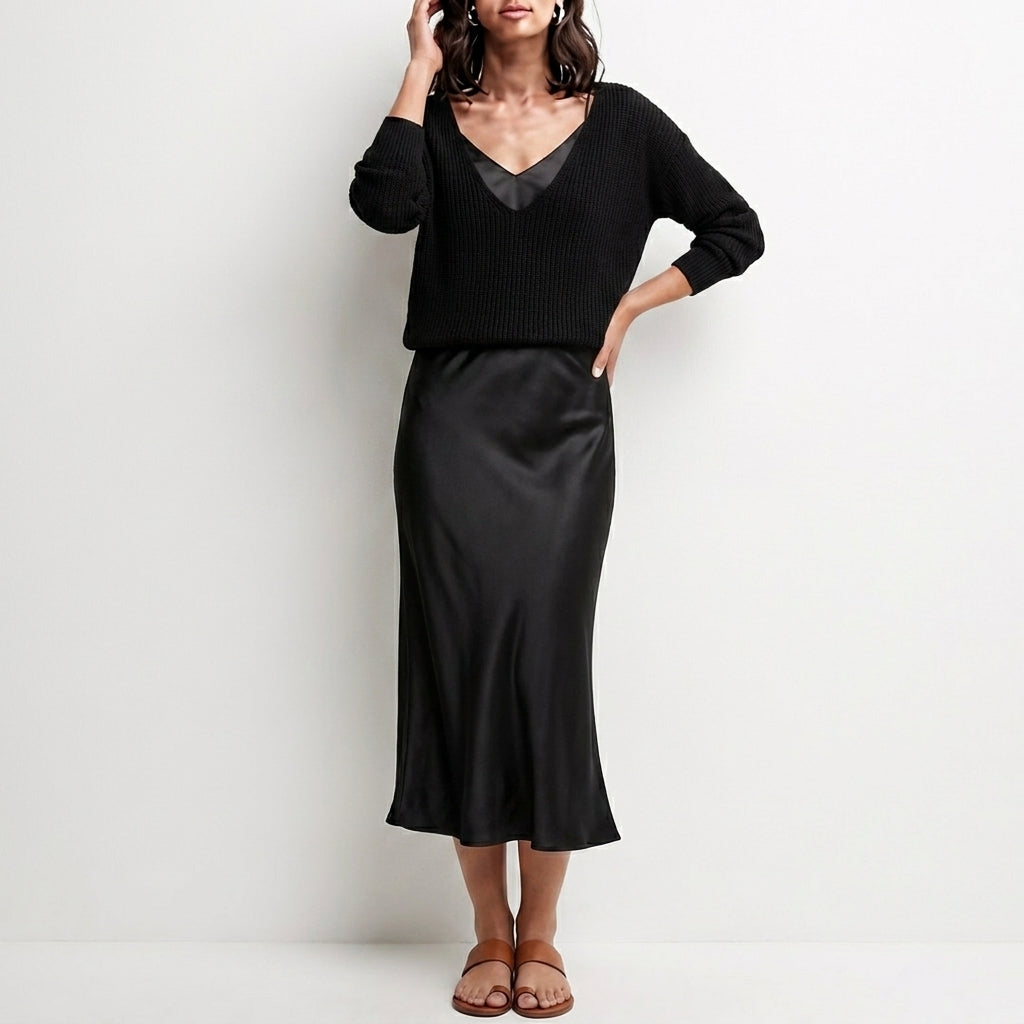 Relaxed V-Neck Knit Top and Satin Maxi Skirt Set