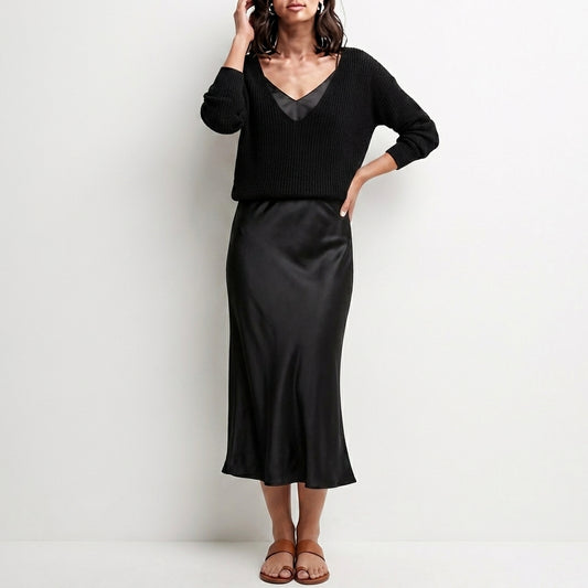 Relaxed V-Neck Knit Top and Satin Maxi Skirt Set