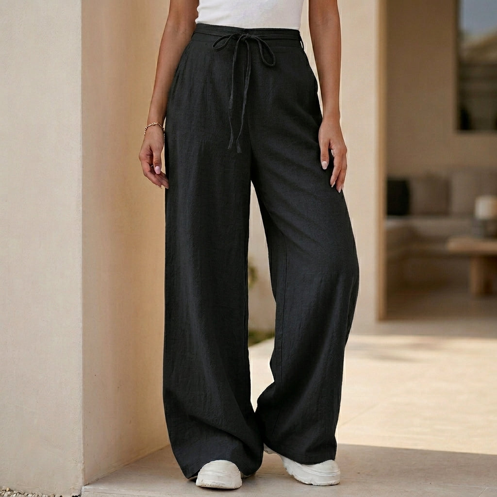 High-Rise Wide Leg Pants with Drawstring Waist and Soft Draping