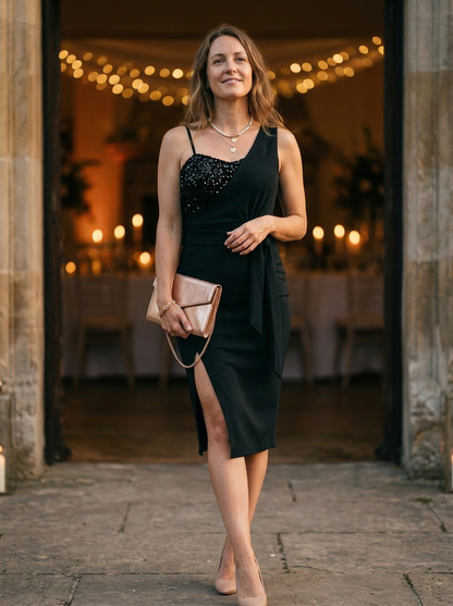 Sequined Sweetheart Bodycon Dress with Draped Bodice and Slit