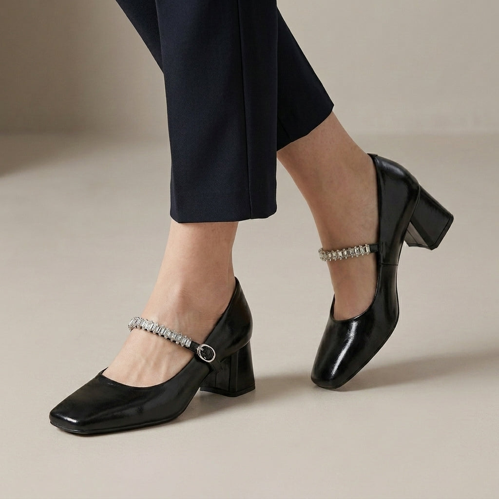 Square Toe Mary Jane Heels with Crystal Strap Detail
