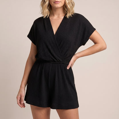 Elegant Surplice Wrap Short Romper with Textured Woven Fabric