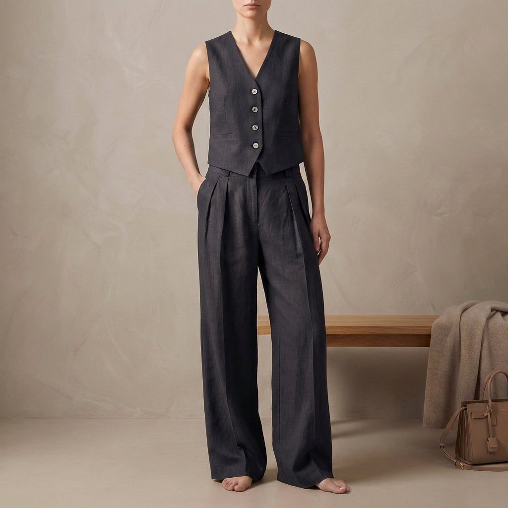 Tailored Linen Sleeveless Vest and High-Waisted Pleated Trouser Set