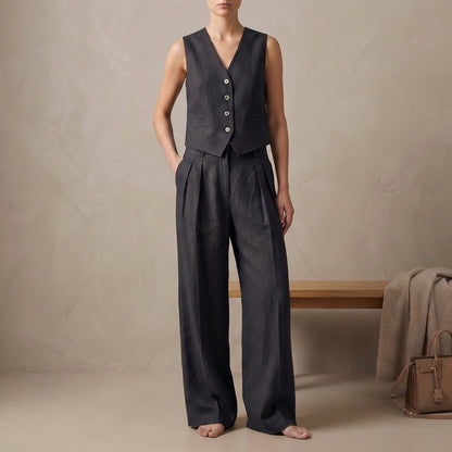 Tailored Linen Sleeveless Vest and High-Waisted Pleated Trouser Set