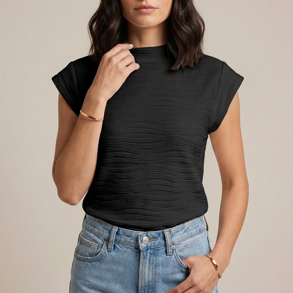 Textured Mock Neck Cap Sleeve Top with Sculpted Silhouette