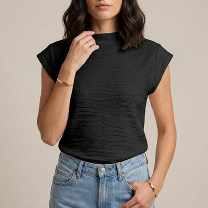 Textured Mock Neck Cap Sleeve Top with Sculpted Silhouette
