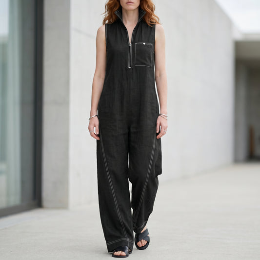 Tailored Zip-Front Sleeveless Wide-Leg Jumpsuit