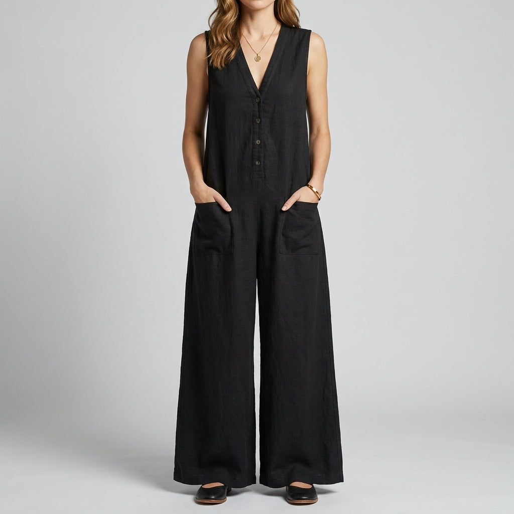 Relaxed Sleeveless Button Front Wide-Leg Jumpsuit