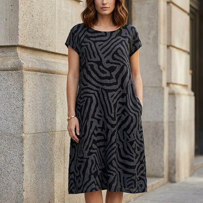 Abstract Print Midi Dress with Relaxed Everyday Silhouette