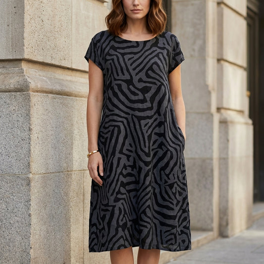 Abstract Print Midi Dress with Relaxed Everyday Silhouette