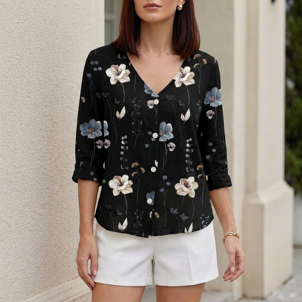 Vintage Floral Button-Front Blouse with Relaxed Silhouette