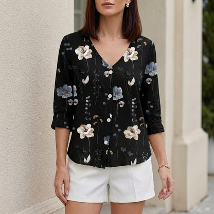 Vintage Floral Button-Front Blouse with Relaxed Silhouette