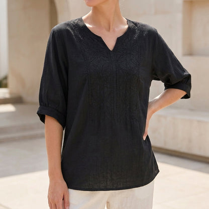 Relaxed Woven Blouse with Notched V-Neckline and Floral Embroidery