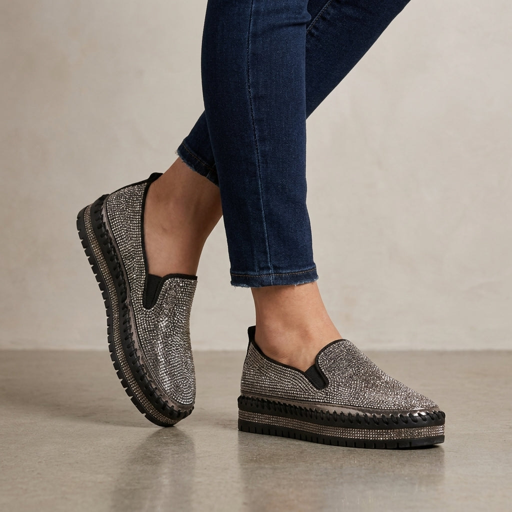 Slip-On Loafers with Rhinestone Embellishment and Platform Sole