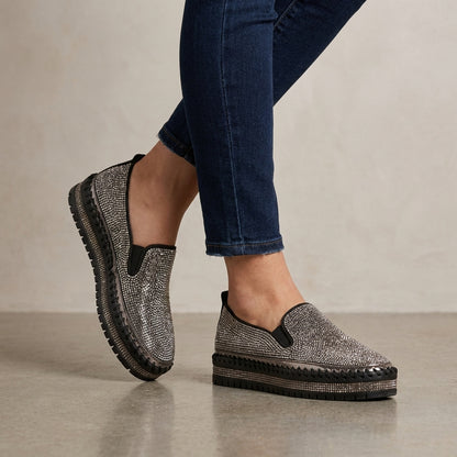 Slip-On Loafers with Rhinestone Embellishment and Platform Sole