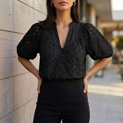 Embroidered V-Neck Blouse with Voluminous Lantern Sleeves and Eyelet Detail