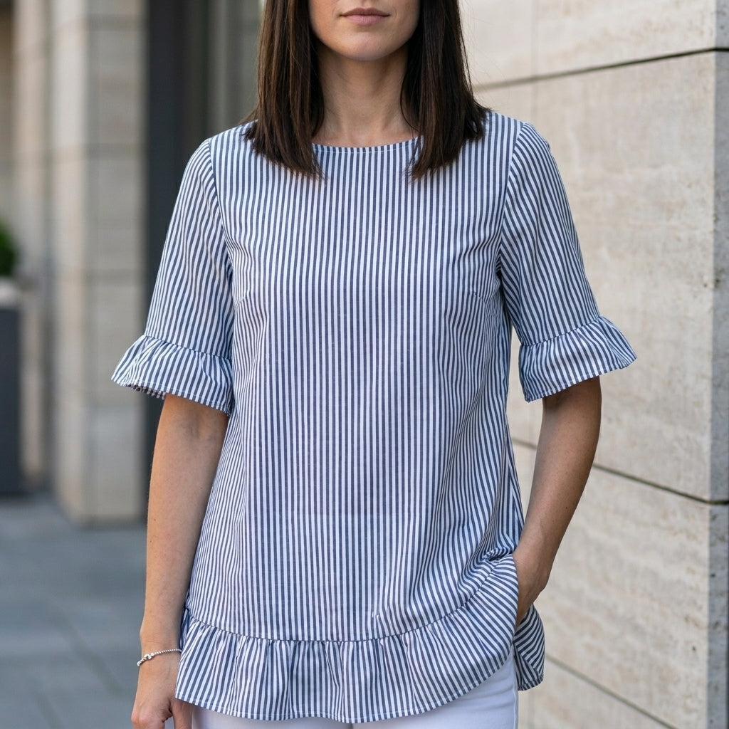Relaxed Stripe Ruffle Hem Tunic Blouse for Women