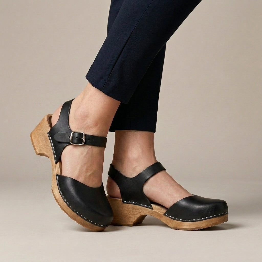 Classic Buckle Strap Clog Sandals with Elevated Wooden Sole