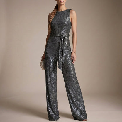 Glitter-Textured Wide-Leg Jumpsuit with Self-Tie Waist for Evening Elegance