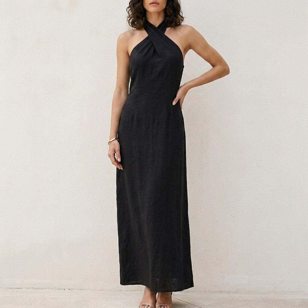 Coastal Elegance Cross Halter Maxi Dress