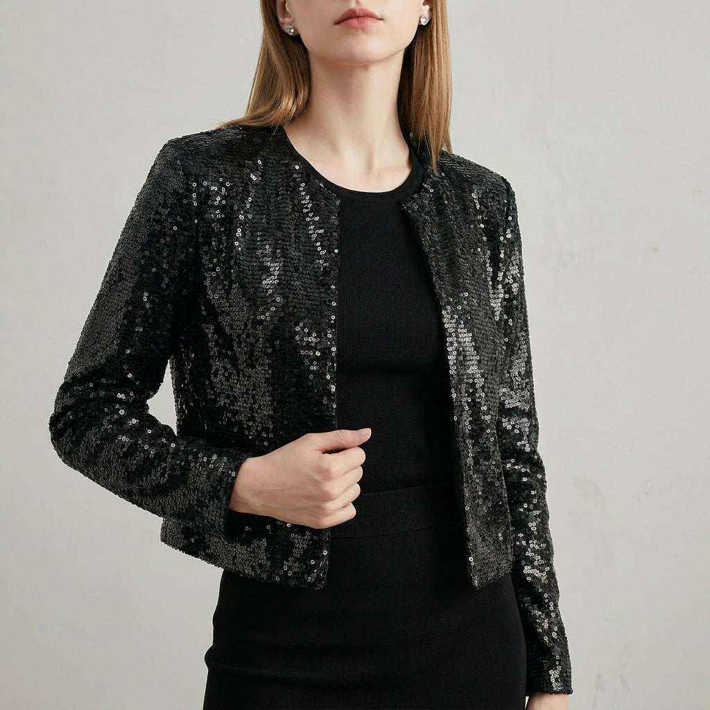 Tailored Cropped Sequined Cardigan Jacket with Structured Silhouette
