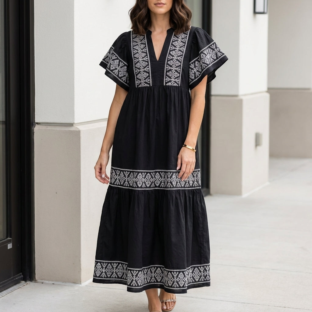 Bohemian Embroidered Tiered Midi Dress with Relaxed Silhouette