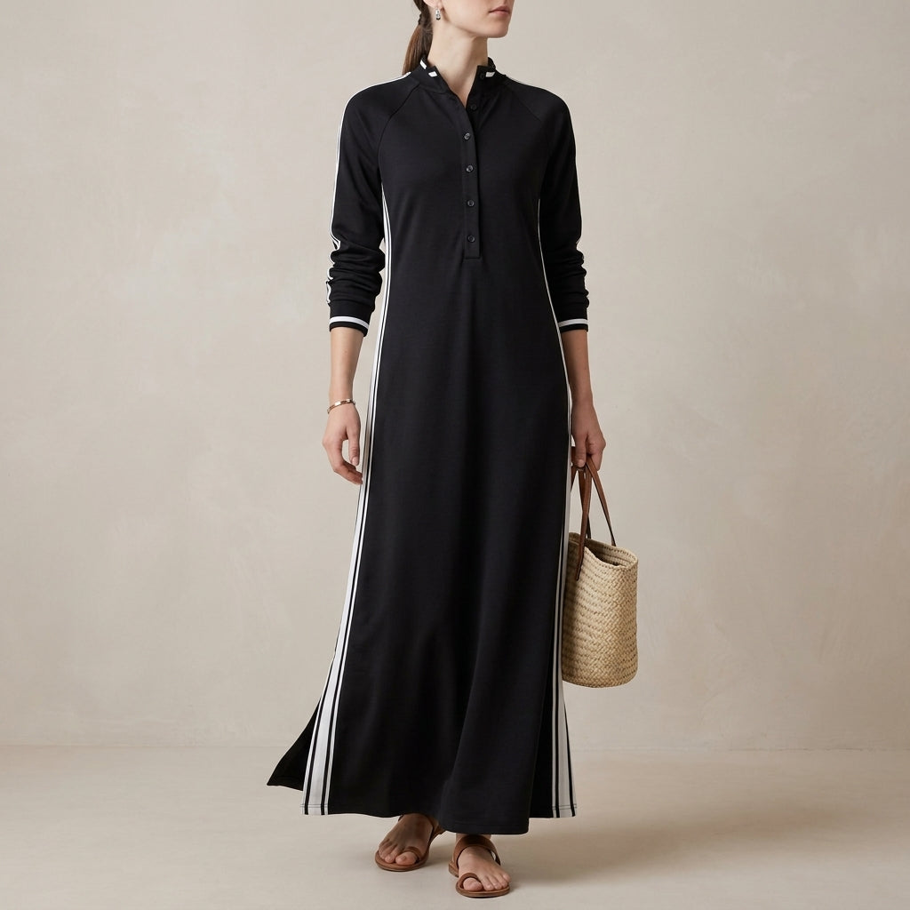 Relaxed Maxi Sweatshirt Dress with Contrasting Trim and Buttoned Collar