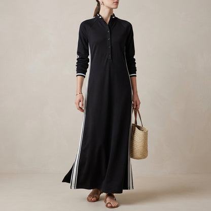 Relaxed Maxi Sweatshirt Dress with Contrasting Trim and Buttoned Collar