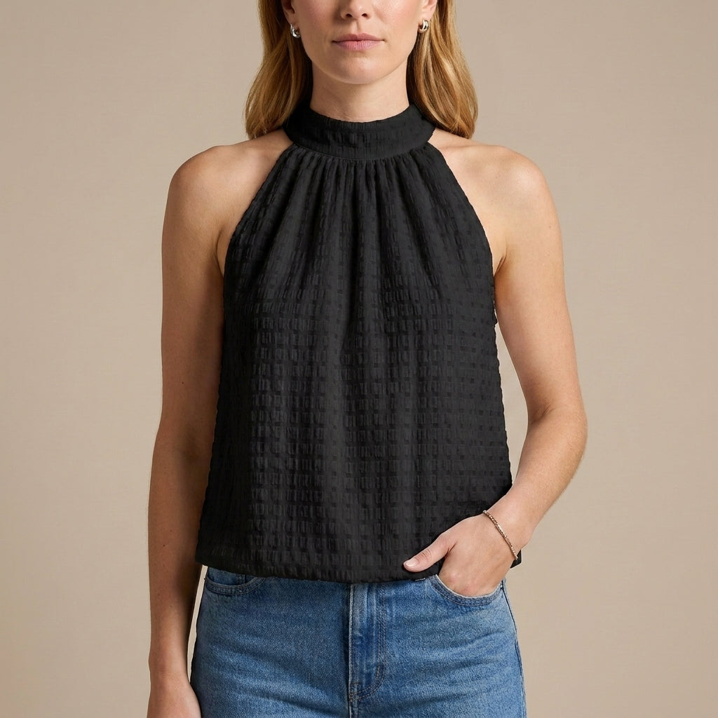 Textured Mock Neck Sleeveless Summer Blouse