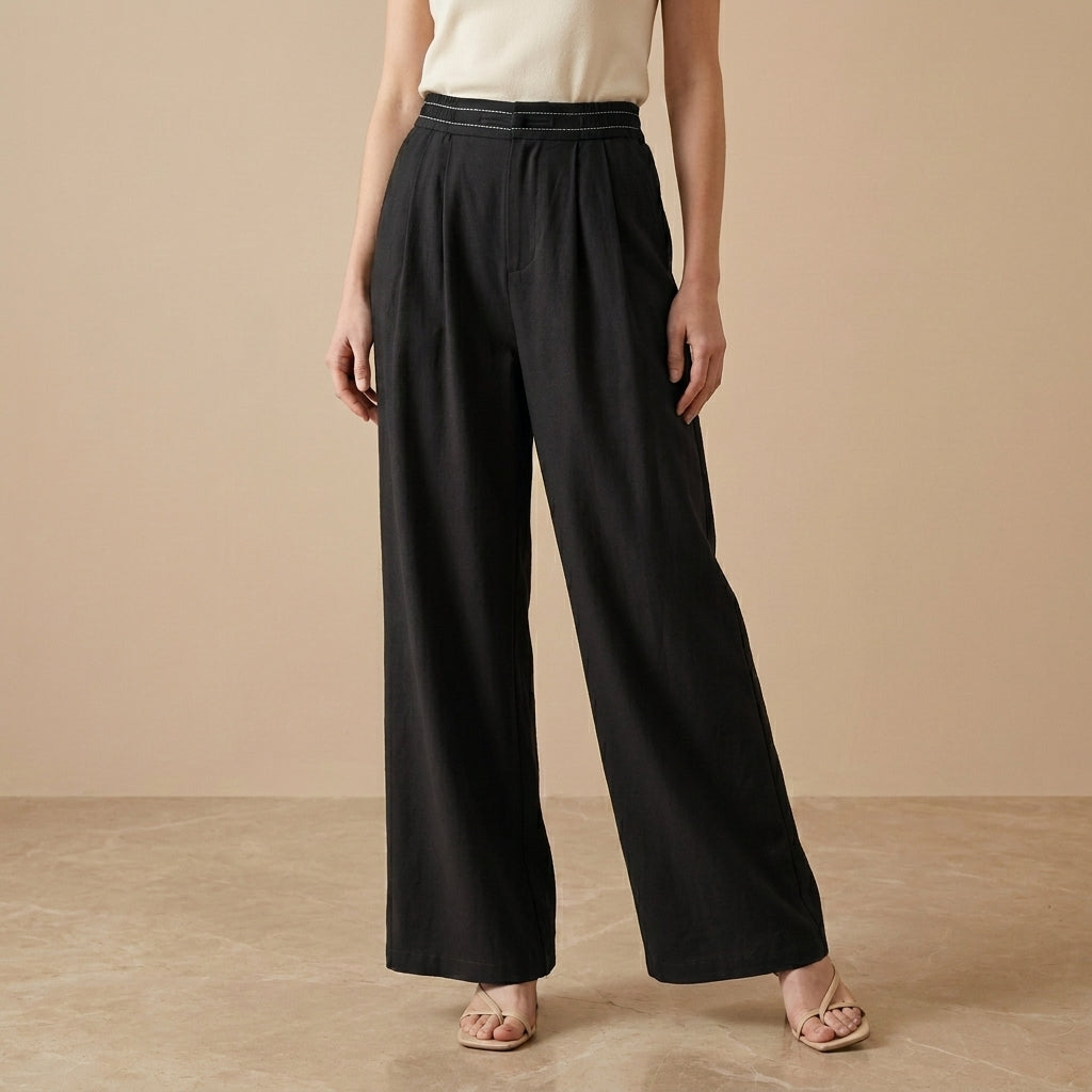 Relaxed Wide Leg Trousers with Minimalist Tailored Waistband Detail