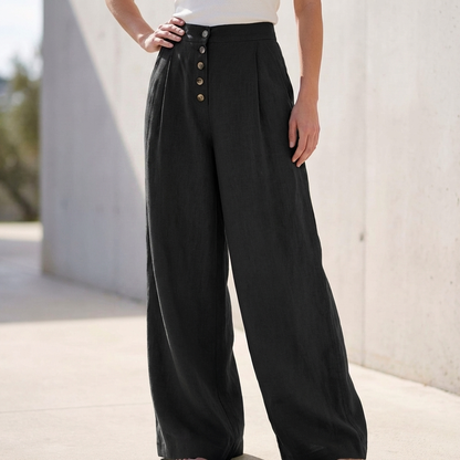High-Waisted Wide-Leg Pants with Exposed Button Fly and Pleats