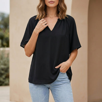 Relaxed V-Neck Blouse with Gathered Neckline and Flutter Sleeves