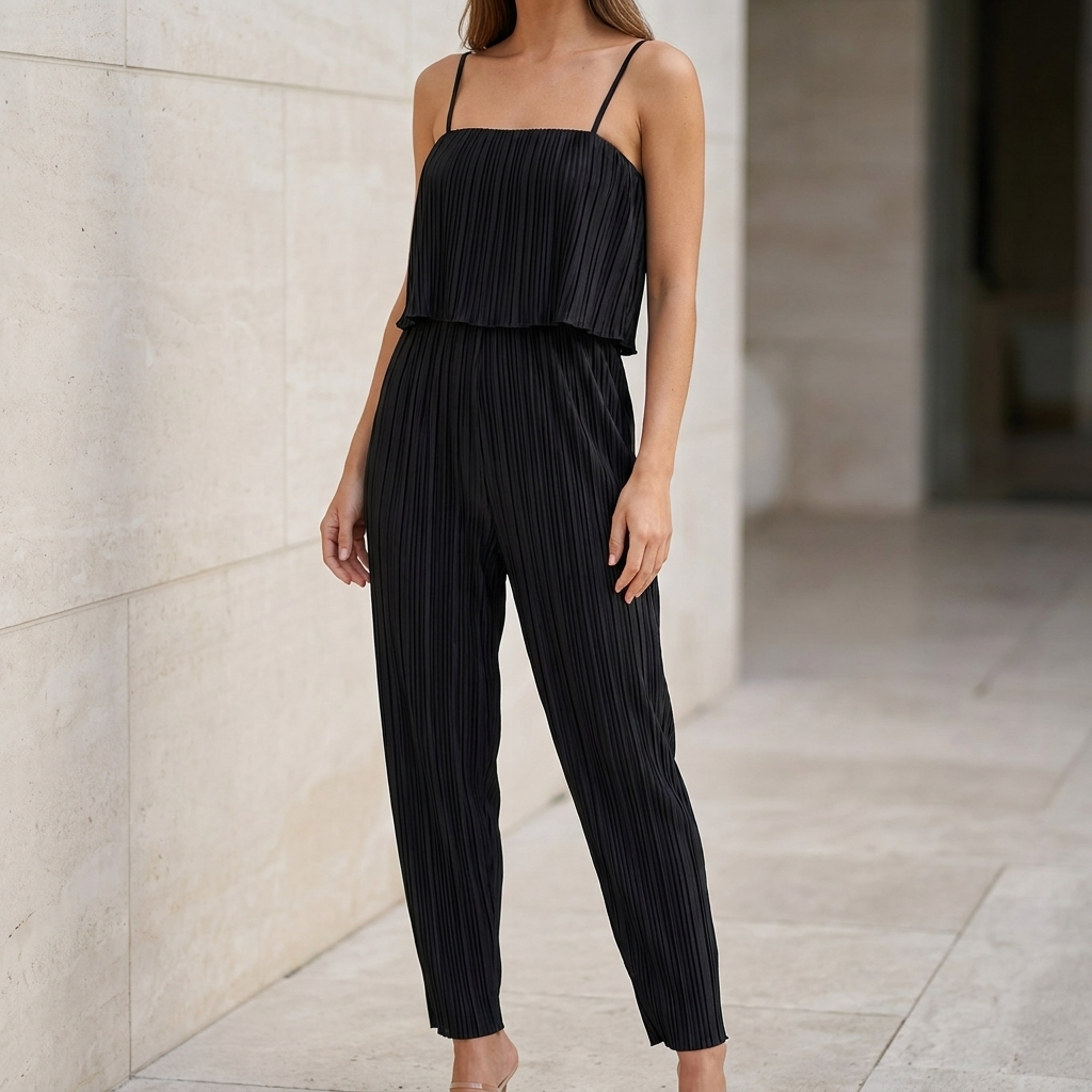 Pleated Layered Ruffle Jumpsuit with Wide-Leg Silhouette