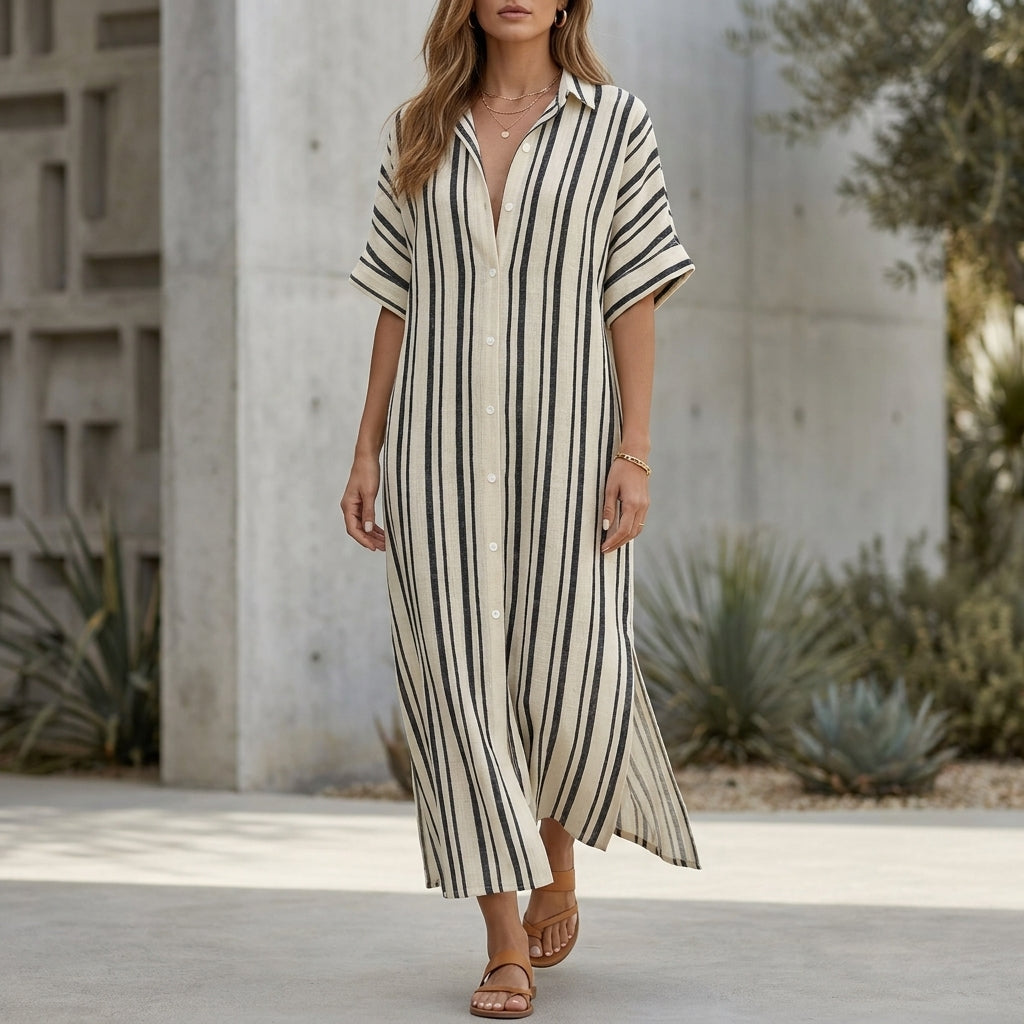 Relaxed Woven Maxi Shirt Dress with Vertical Stripes and Side Slits