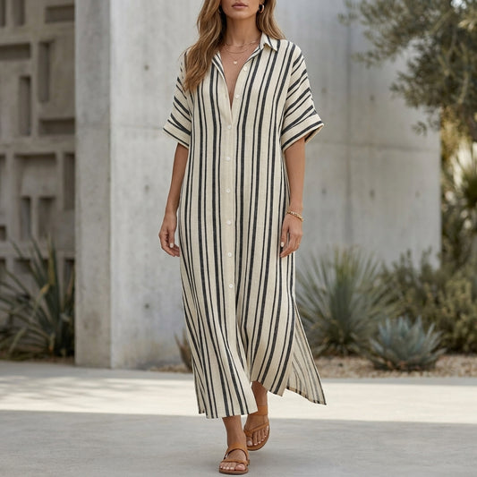 Relaxed Woven Maxi Shirt Dress with Vertical Stripes and Side Slits